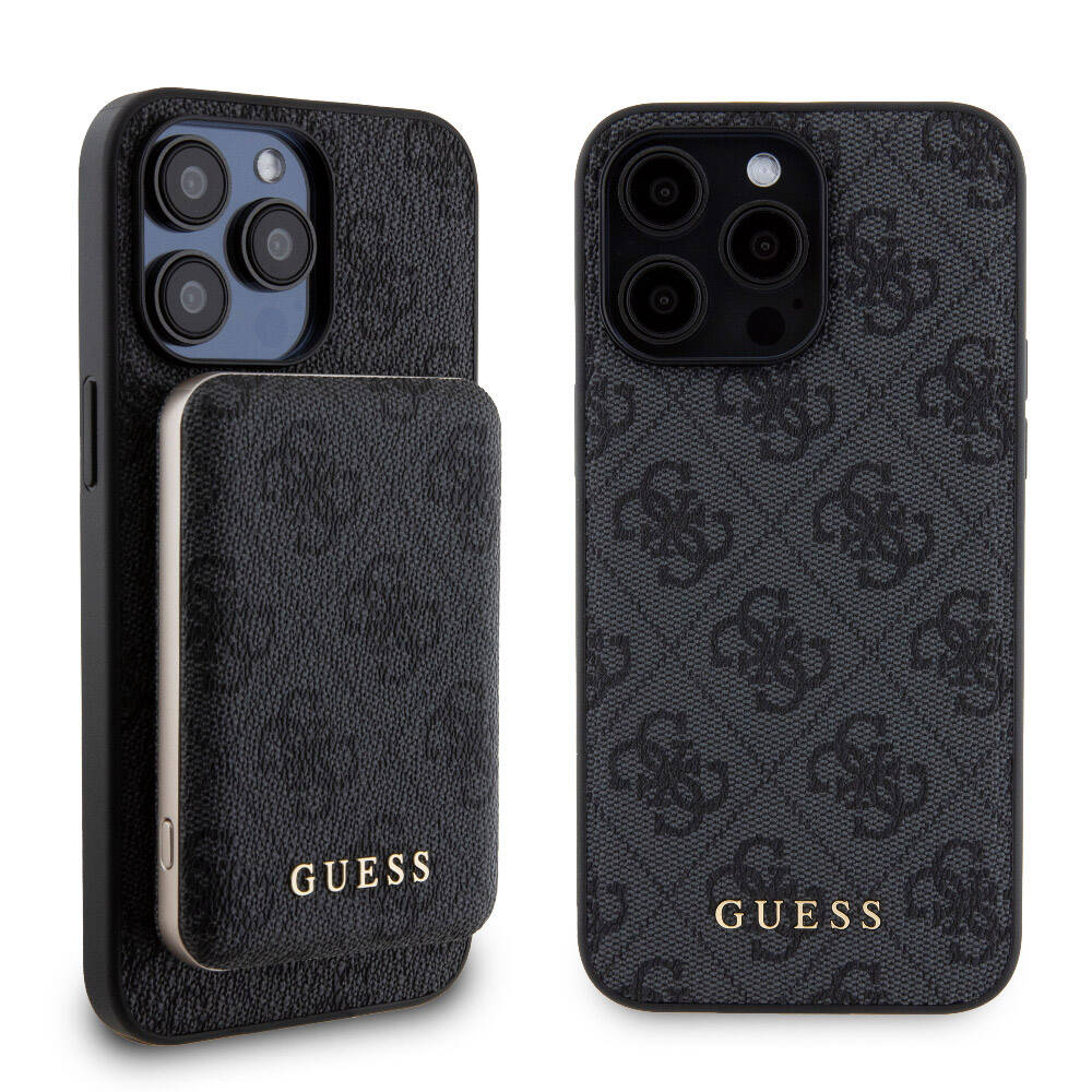 iPhone 15 Pro Max Kılıf Guess Orjinal Lisanslı M-safe Şarj Özellikli Yazı Logolu 4G Desenli Kapak + Powerbank 5000mAh 2in1 Set
