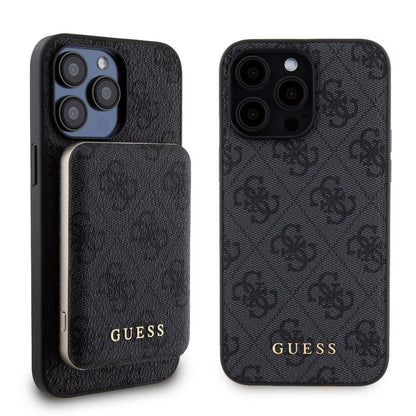 iPhone 15 Pro Max Kılıf Guess Orjinal Lisanslı M-safe Şarj Özellikli Yazı Logolu 4G Desenli Kapak + Powerbank 5000mAh 2in1 Set