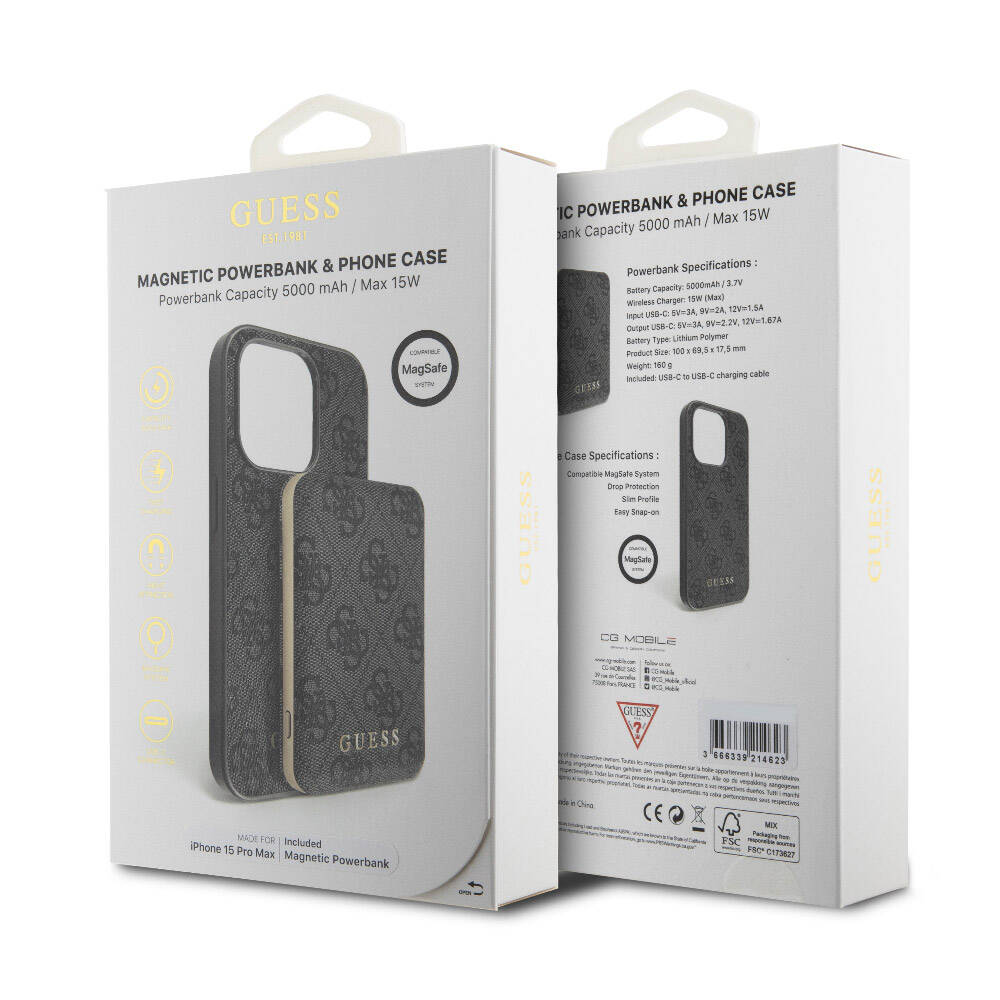iPhone 15 Pro Max Kılıf Guess Orjinal Lisanslı M-safe Şarj Özellikli Yazı Logolu 4G Desenli Kapak + Powerbank 5000mAh 2in1 Set