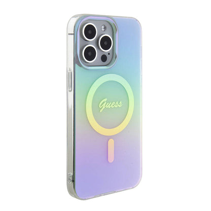 iPhone 15 Pro Max Kılıf Guess Orjinal Lisanslı M-safe Şarj Özellikli Yazı Logolu Iridescent Kapak