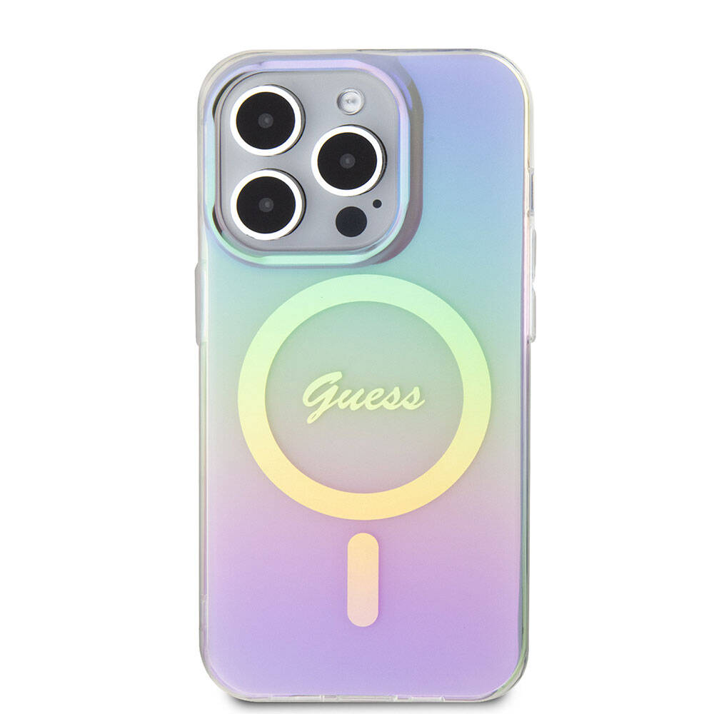 iPhone 15 Pro Max Kılıf Guess Orjinal Lisanslı M-safe Şarj Özellikli Yazı Logolu Iridescent Kapak