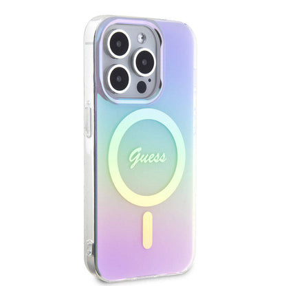 iPhone 15 Pro Max Kılıf Guess Orjinal Lisanslı M-safe Şarj Özellikli Yazı Logolu Iridescent Kapak