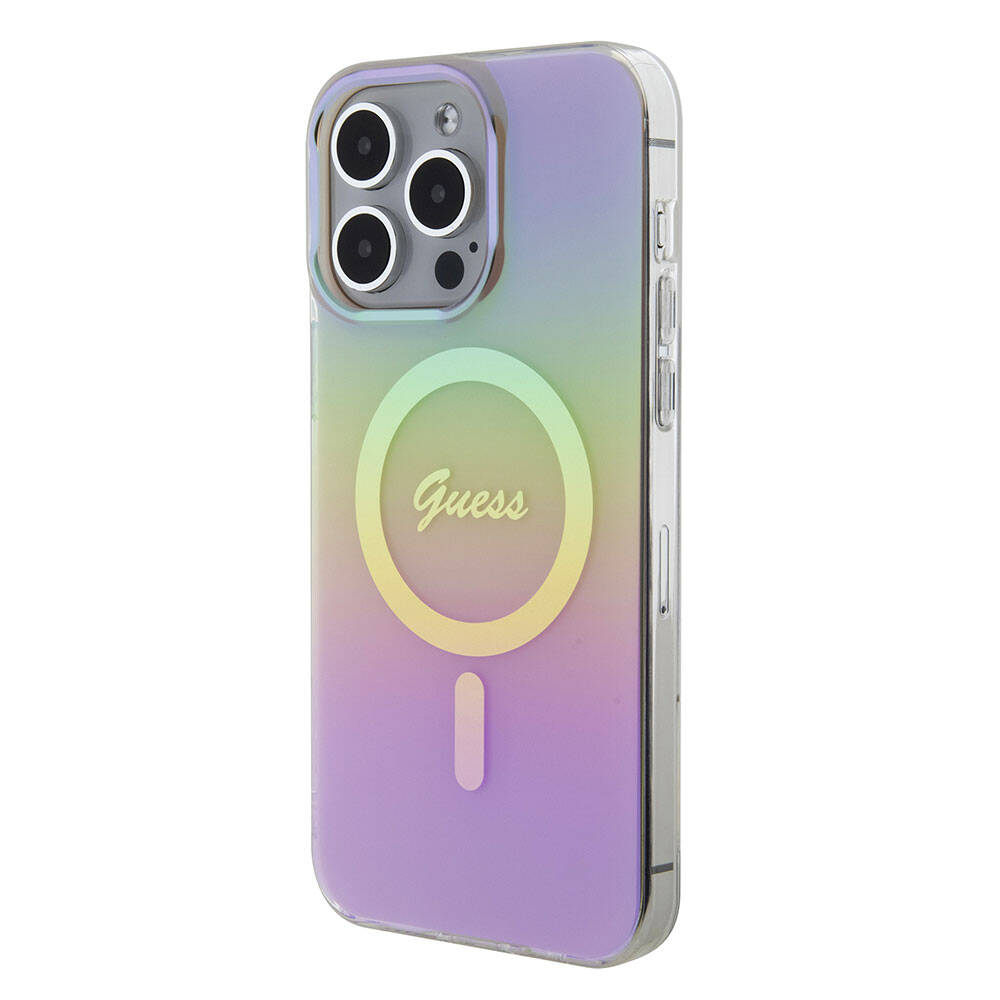 iPhone 15 Pro Max Kılıf Guess Orjinal Lisanslı M-safe Şarj Özellikli Yazı Logolu Iridescent Kapak