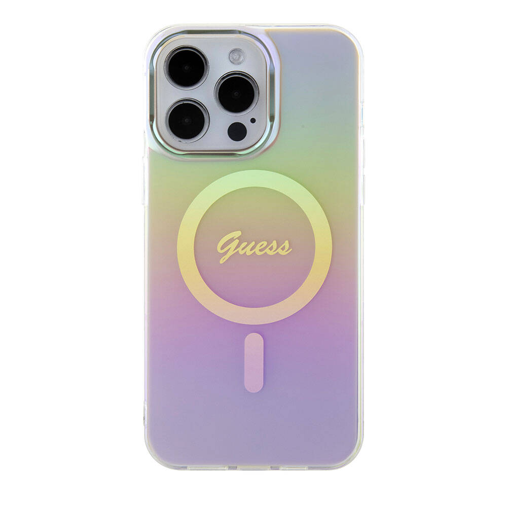 iPhone 15 Pro Max Kılıf Guess Orjinal Lisanslı M-safe Şarj Özellikli Yazı Logolu Iridescent Kapak
