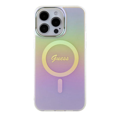 iPhone 15 Pro Max Kılıf Guess Orjinal Lisanslı M-safe Şarj Özellikli Yazı Logolu Iridescent Kapak