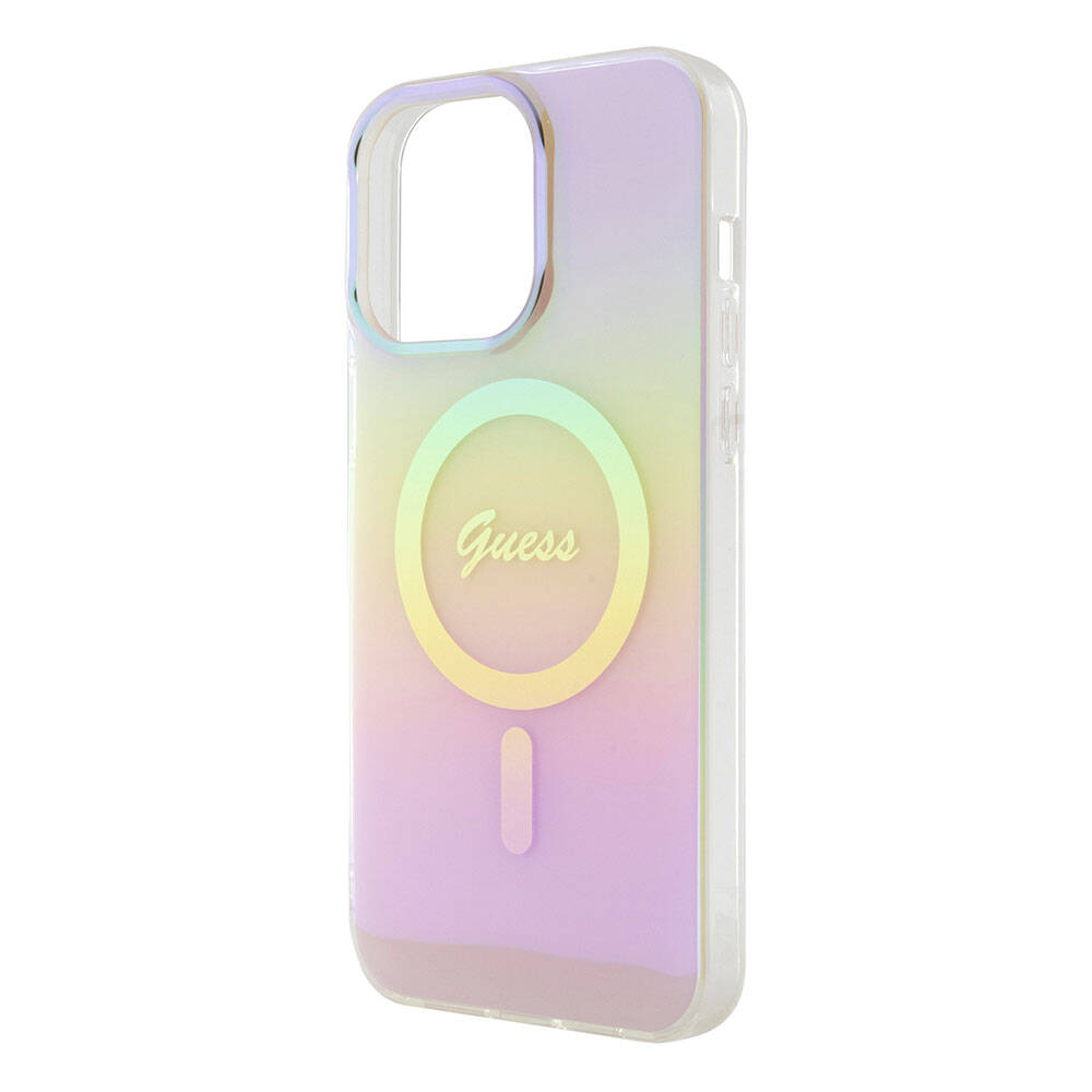 iPhone 15 Pro Max Kılıf Guess Orjinal Lisanslı M-safe Şarj Özellikli Yazı Logolu Iridescent Kapak