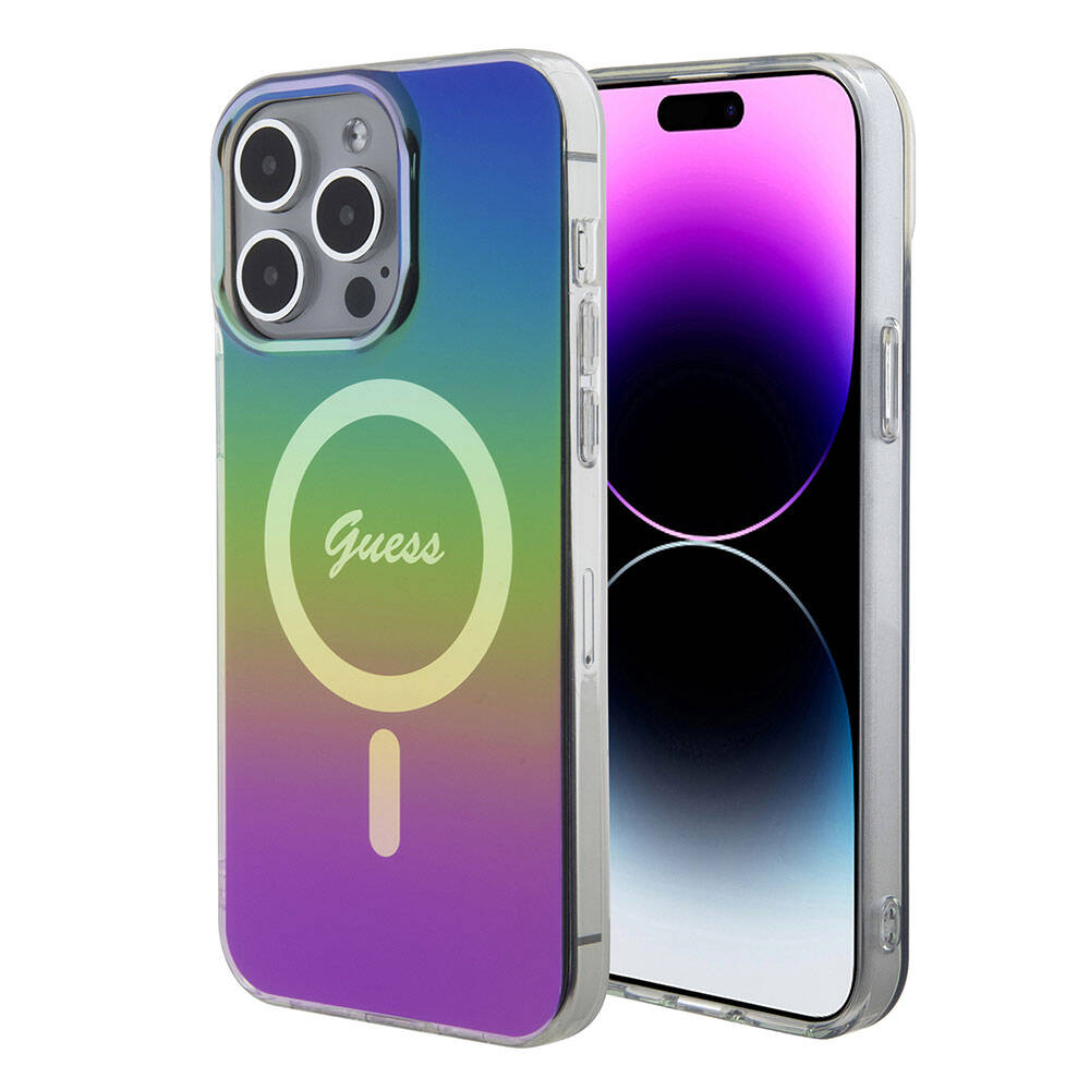 iPhone 15 Pro Max Kılıf Guess Orjinal Lisanslı M-safe Şarj Özellikli Yazı Logolu Iridescent Kapak