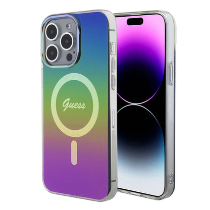 iPhone 15 Pro Max Kılıf Guess Orjinal Lisanslı M-safe Şarj Özellikli Yazı Logolu Iridescent Kapak