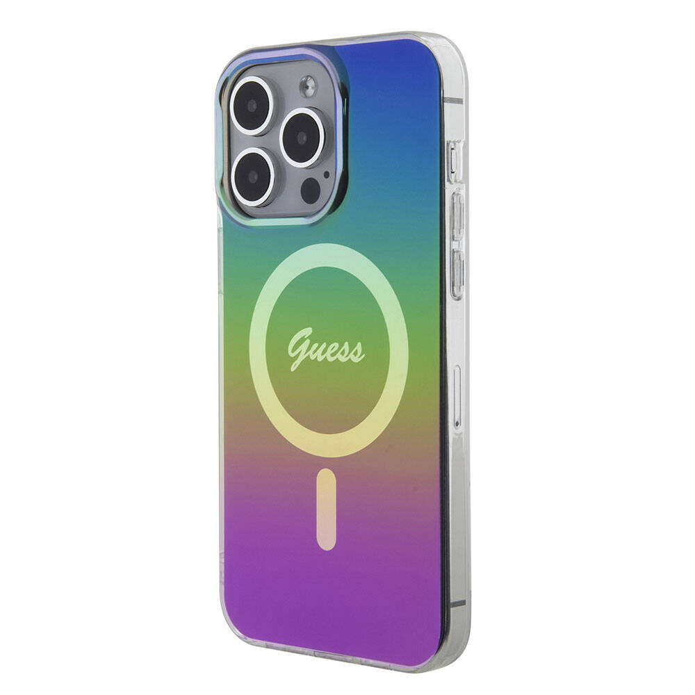 iPhone 15 Pro Max Kılıf Guess Orjinal Lisanslı M-safe Şarj Özellikli Yazı Logolu Iridescent Kapak