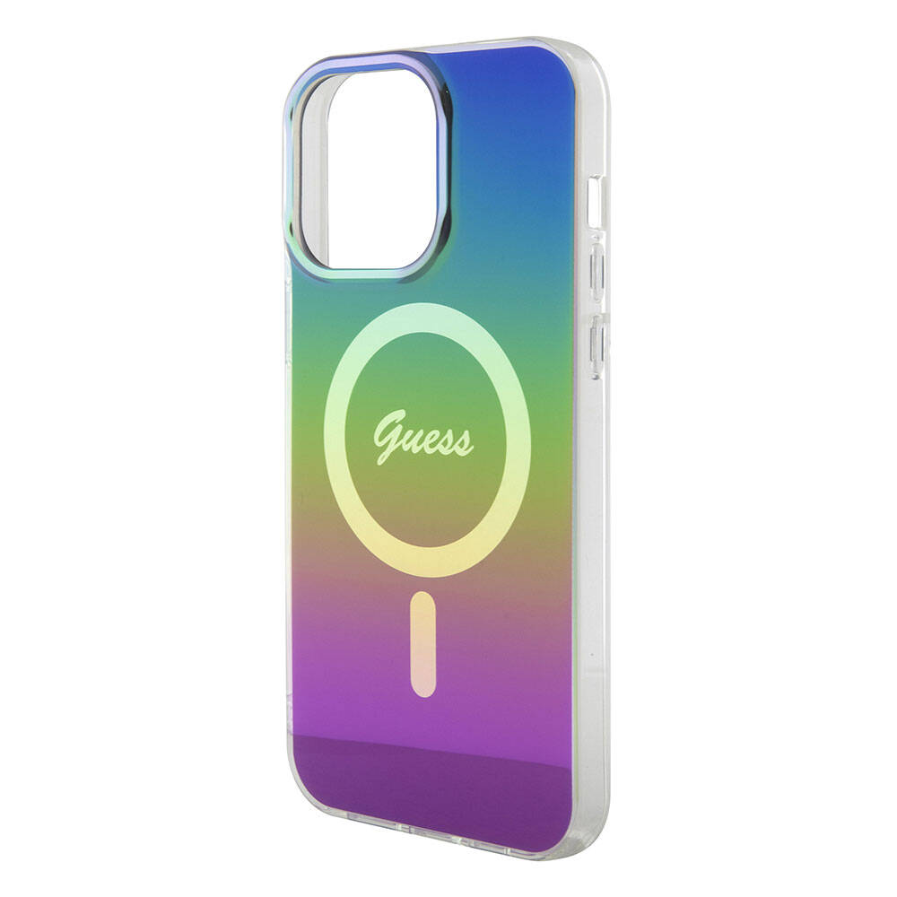 iPhone 15 Pro Max Kılıf Guess Orjinal Lisanslı M-safe Şarj Özellikli Yazı Logolu Iridescent Kapak