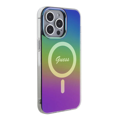 iPhone 15 Pro Max Kılıf Guess Orjinal Lisanslı M-safe Şarj Özellikli Yazı Logolu Iridescent Kapak