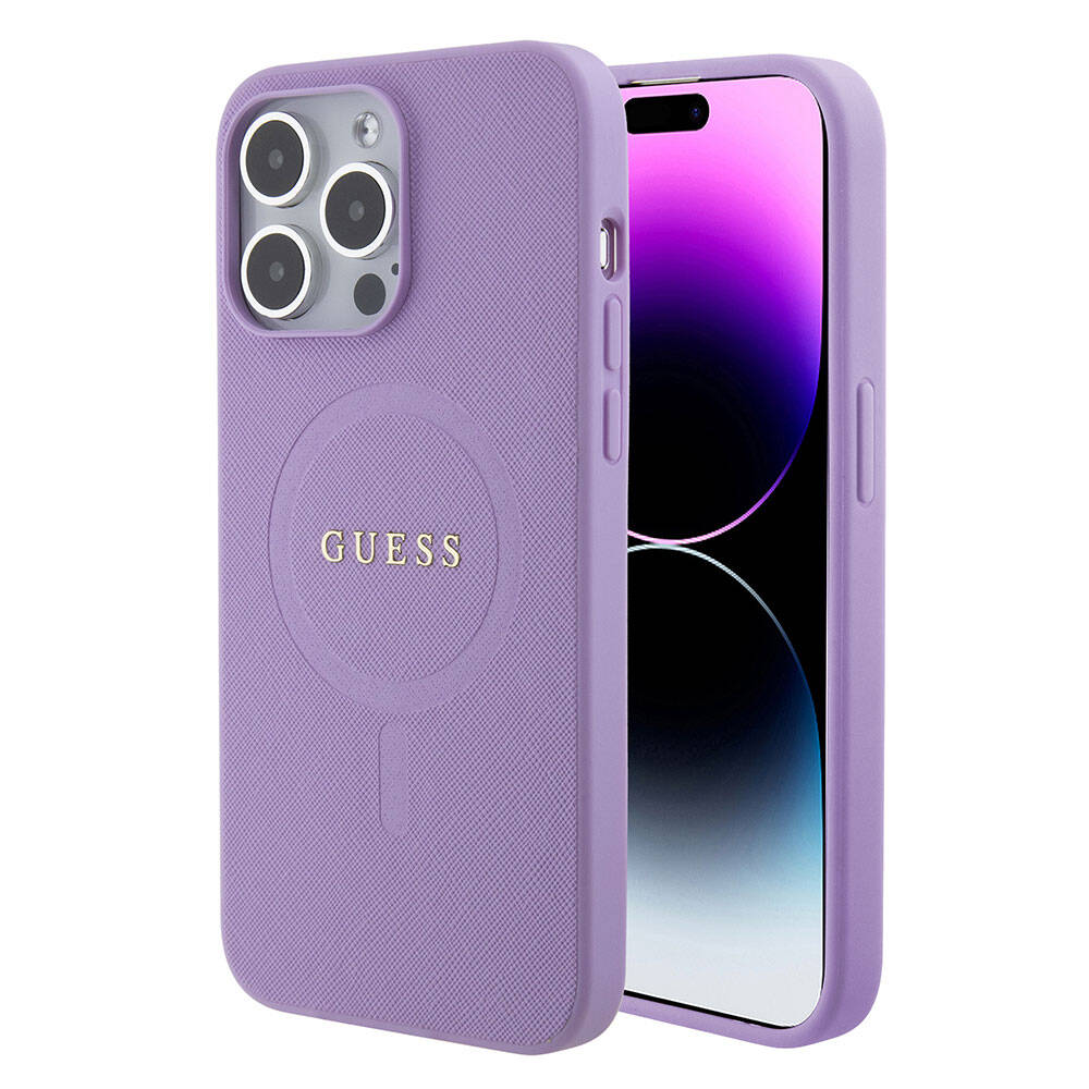 iPhone 15 Pro Max Kılıf Guess Orjinal Lisanslı M-safe Şarj Özellikli Yazı Logolu Saffiano Kapak