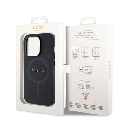 iPhone 15 Pro Max Kılıf Guess Orjinal Lisanslı M-safe Şarj Özellikli Yazı Logolu Saffiano Kapak