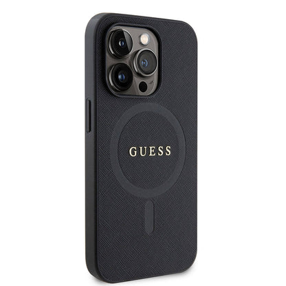iPhone 15 Pro Max Kılıf Guess Orjinal Lisanslı M-safe Şarj Özellikli Yazı Logolu Saffiano Kapak