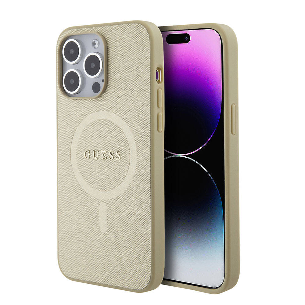iPhone 15 Pro Max Kılıf Guess Orjinal Lisanslı M-safe Şarj Özellikli Yazı Logolu Saffiano Kapak
