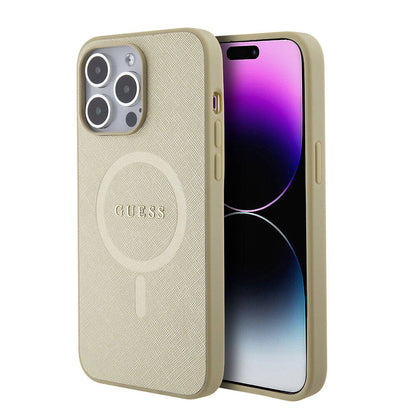 iPhone 15 Pro Max Kılıf Guess Orjinal Lisanslı M-safe Şarj Özellikli Yazı Logolu Saffiano Kapak