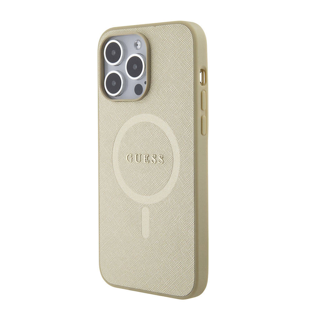 iPhone 15 Pro Max Kılıf Guess Orjinal Lisanslı M-safe Şarj Özellikli Yazı Logolu Saffiano Kapak
