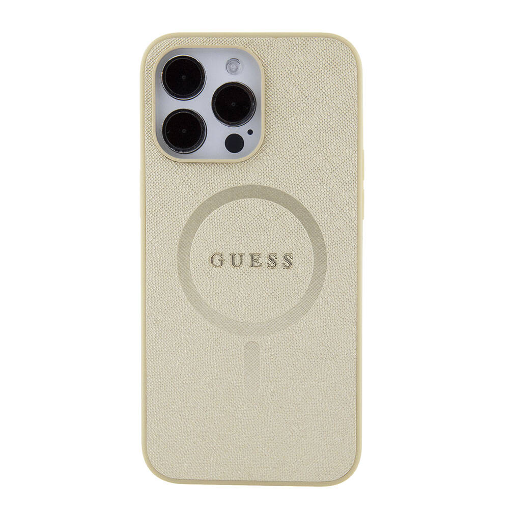 iPhone 15 Pro Max Kılıf Guess Orjinal Lisanslı M-safe Şarj Özellikli Yazı Logolu Saffiano Kapak