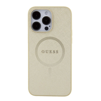 iPhone 15 Pro Max Kılıf Guess Orjinal Lisanslı M-safe Şarj Özellikli Yazı Logolu Saffiano Kapak