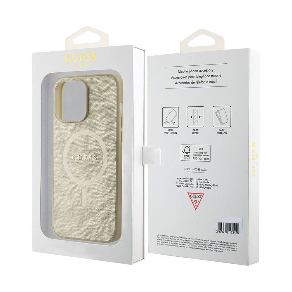 iPhone 15 Pro Max Kılıf Guess Orjinal Lisanslı M-safe Şarj Özellikli Yazı Logolu Saffiano Kapak