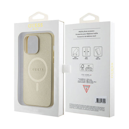 iPhone 15 Pro Max Kılıf Guess Orjinal Lisanslı M-safe Şarj Özellikli Yazı Logolu Saffiano Kapak