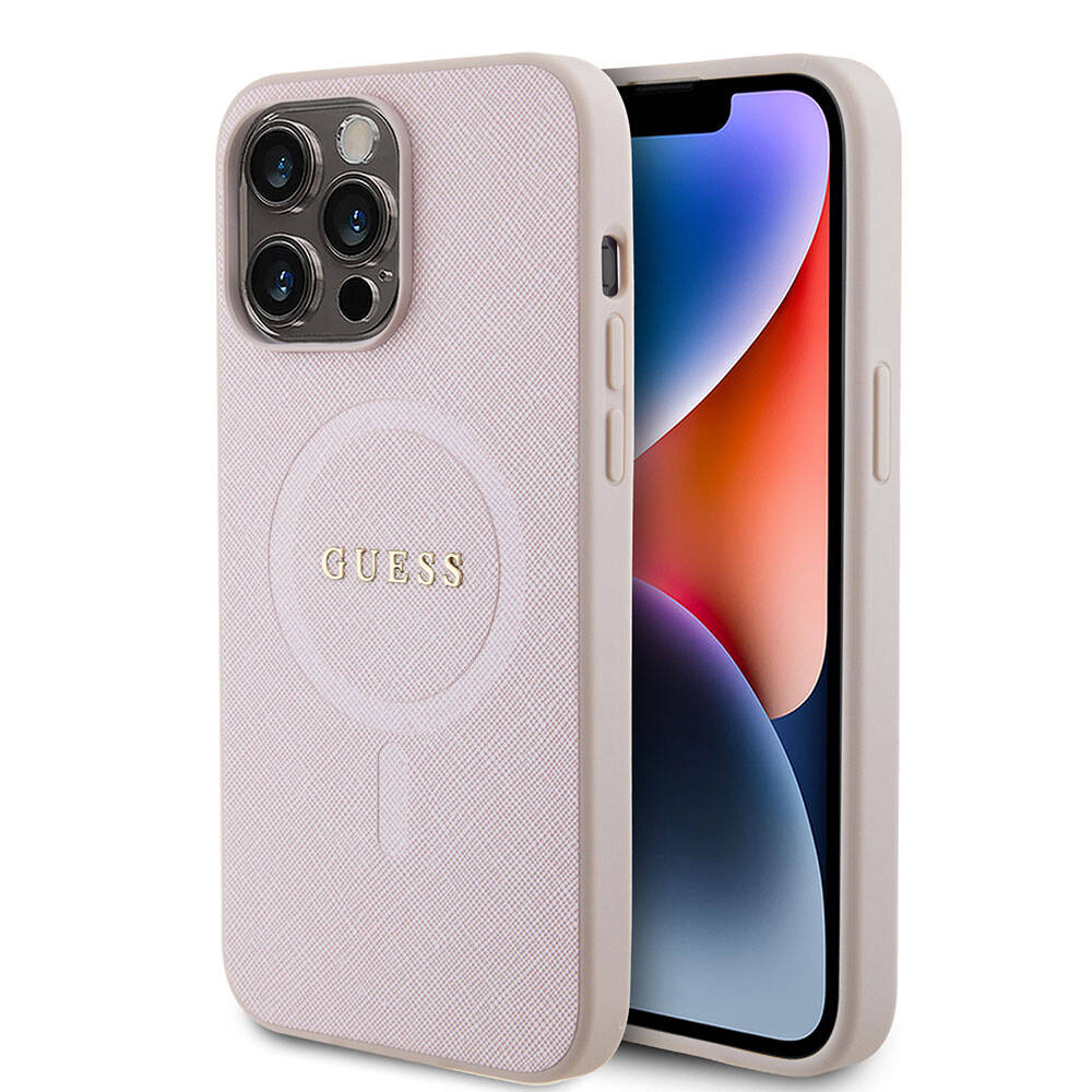 iPhone 15 Pro Max Kılıf Guess Orjinal Lisanslı M-safe Şarj Özellikli Yazı Logolu Saffiano Kapak