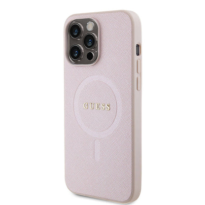 iPhone 15 Pro Max Kılıf Guess Orjinal Lisanslı M-safe Şarj Özellikli Yazı Logolu Saffiano Kapak