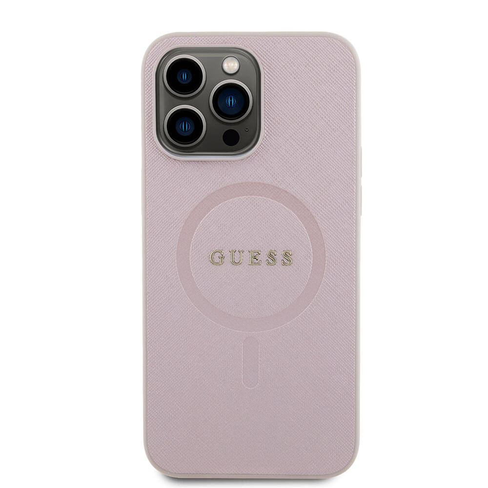 iPhone 15 Pro Max Kılıf Guess Orjinal Lisanslı M-safe Şarj Özellikli Yazı Logolu Saffiano Kapak
