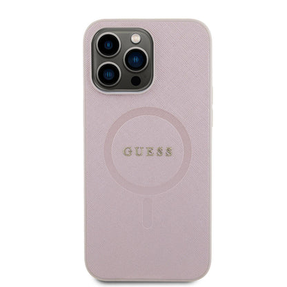 iPhone 15 Pro Max Kılıf Guess Orjinal Lisanslı M-safe Şarj Özellikli Yazı Logolu Saffiano Kapak