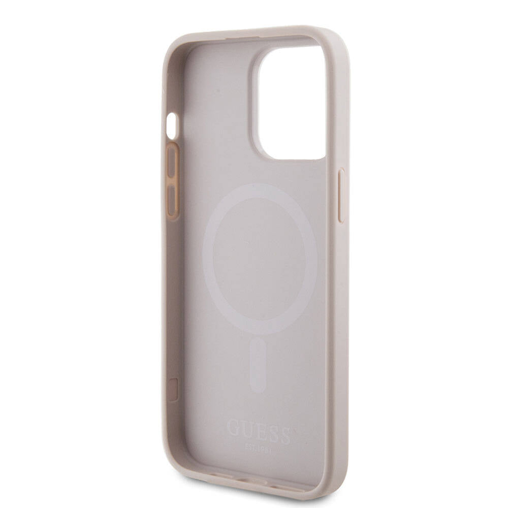 iPhone 15 Pro Max Kılıf Guess Orjinal Lisanslı M-safe Şarj Özellikli Yazı Logolu Saffiano Kapak
