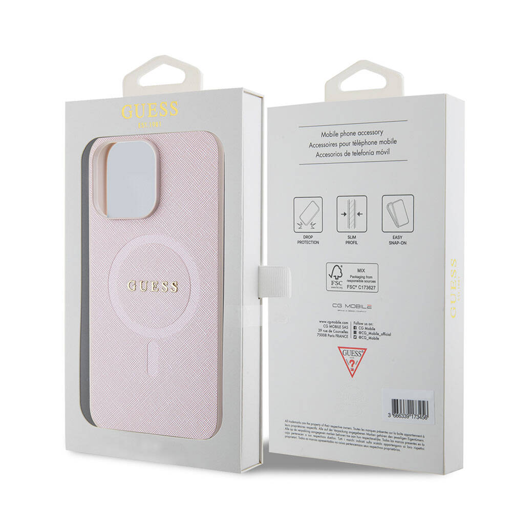 iPhone 15 Pro Max Kılıf Guess Orjinal Lisanslı M-safe Şarj Özellikli Yazı Logolu Saffiano Kapak