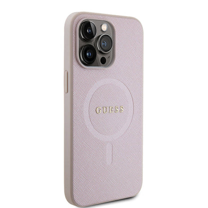 iPhone 15 Pro Max Kılıf Guess Orjinal Lisanslı M-safe Şarj Özellikli Yazı Logolu Saffiano Kapak