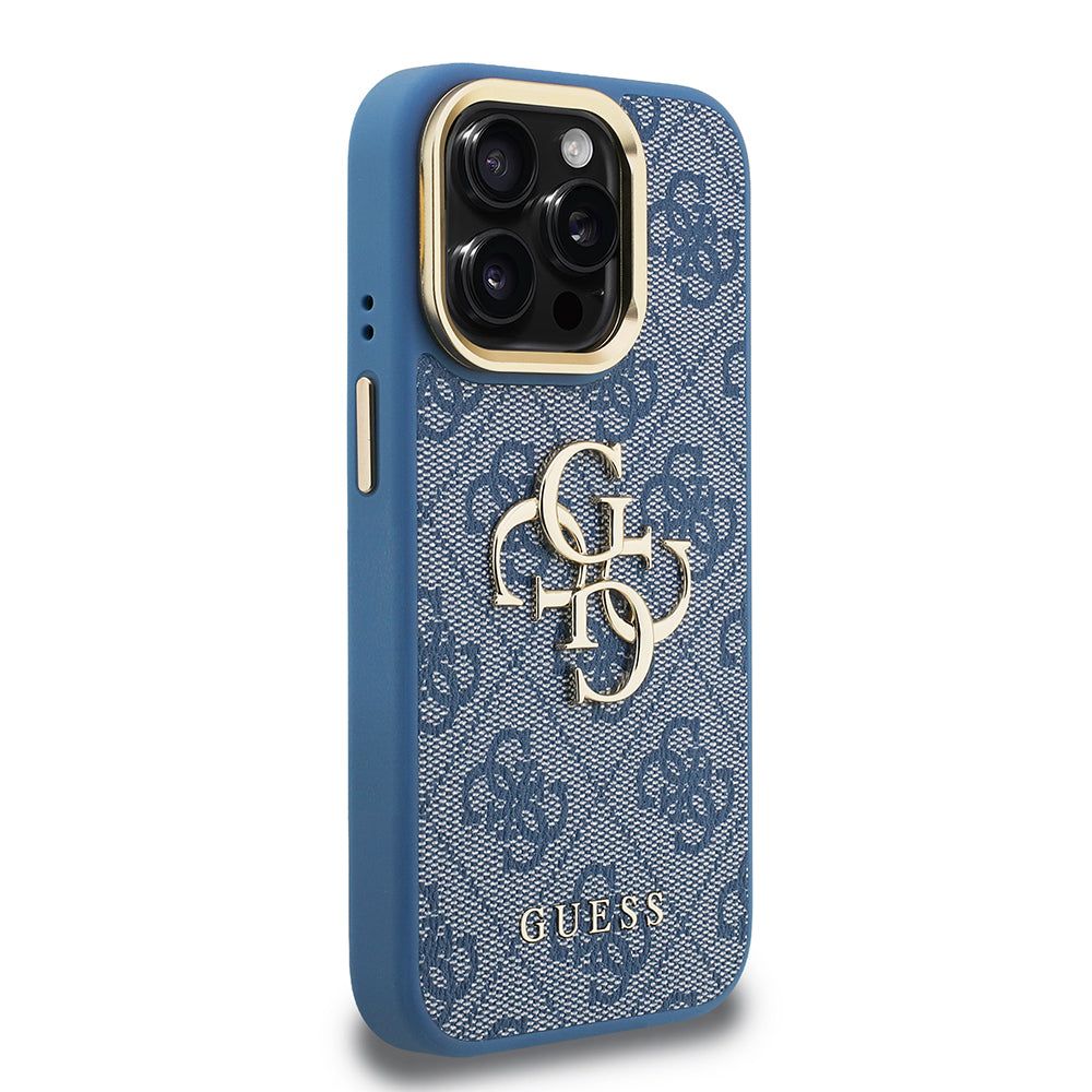 iPhone 15 Pro Max Kılıf Guess Orjinal Lisanslı PU Deri 4G Desenli Metal Büyük 4G ve Yazı Logolu Kamera Standlı Kapak