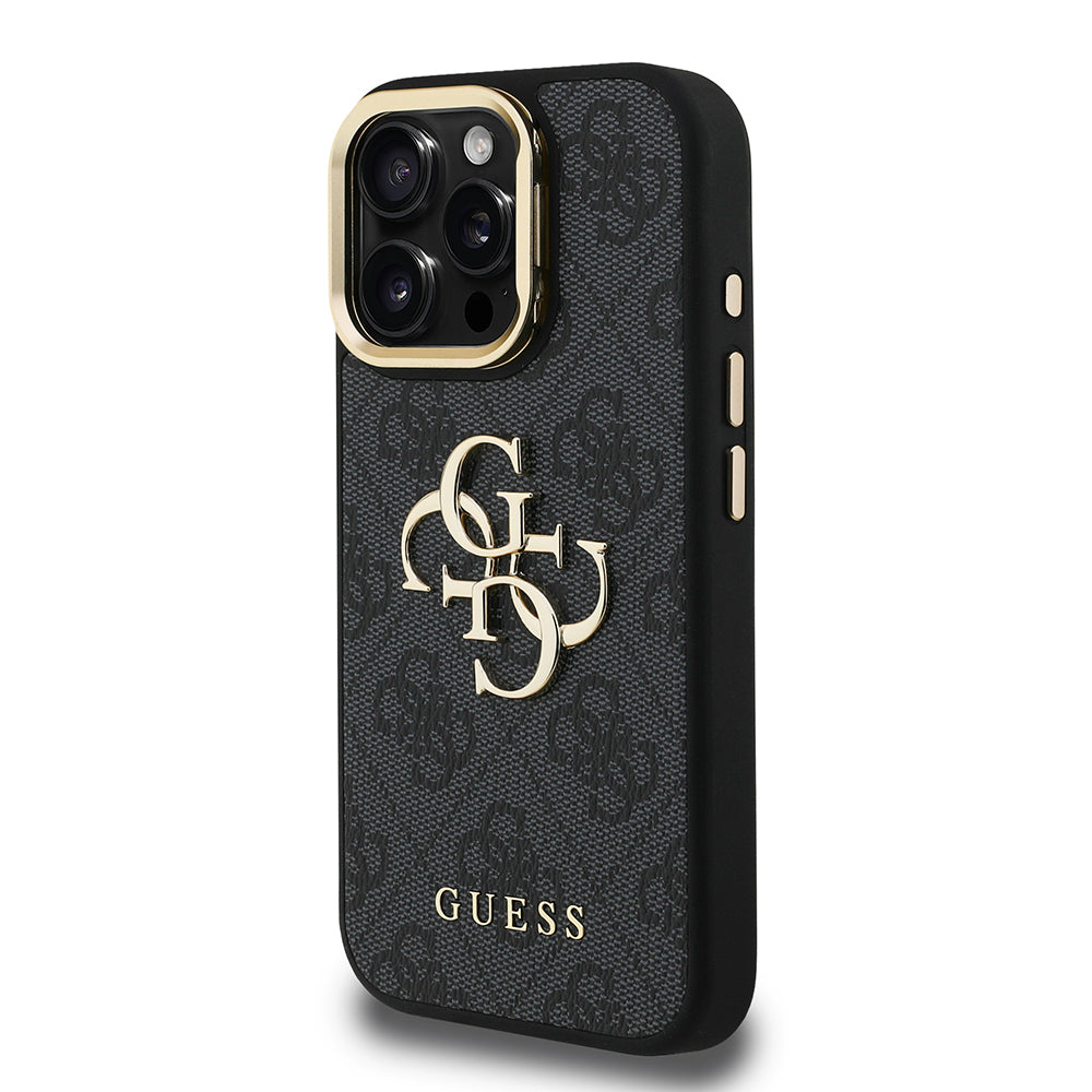 iPhone 15 Pro Max Kılıf Guess Orjinal Lisanslı PU Deri 4G Desenli Metal Büyük 4G ve Yazı Logolu Kamera Standlı Kapak