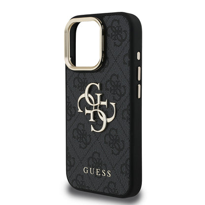 iPhone 15 Pro Max Kılıf Guess Orjinal Lisanslı PU Deri 4G Desenli Metal Büyük 4G ve Yazı Logolu Kamera Standlı Kapak