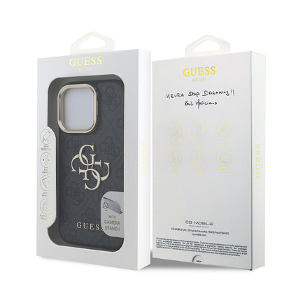 iPhone 15 Pro Max Kılıf Guess Orjinal Lisanslı PU Deri 4G Desenli Metal Büyük 4G ve Yazı Logolu Kamera Standlı Kapak
