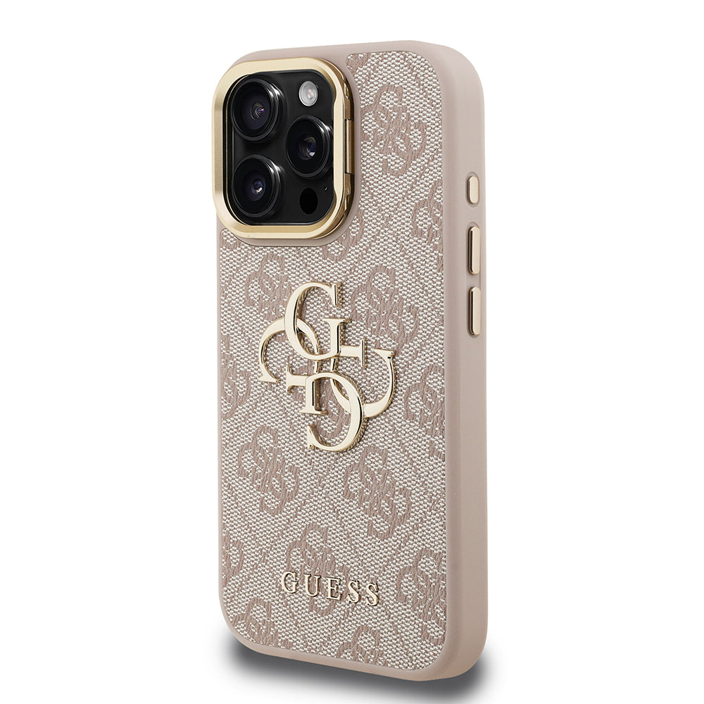 iPhone 15 Pro Max Kılıf Guess Orjinal Lisanslı PU Deri 4G Desenli Metal Büyük 4G ve Yazı Logolu Kamera Standlı Kapak