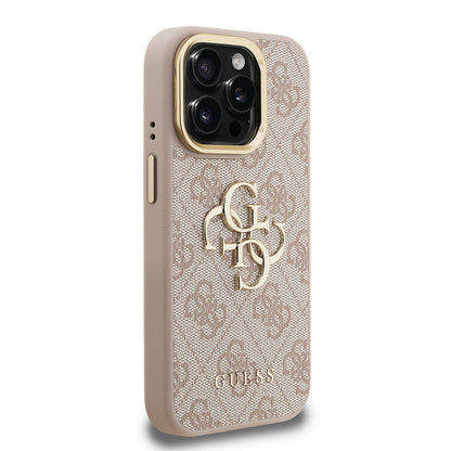 iPhone 15 Pro Max Kılıf Guess Orjinal Lisanslı PU Deri 4G Desenli Metal Büyük 4G ve Yazı Logolu Kamera Standlı Kapak