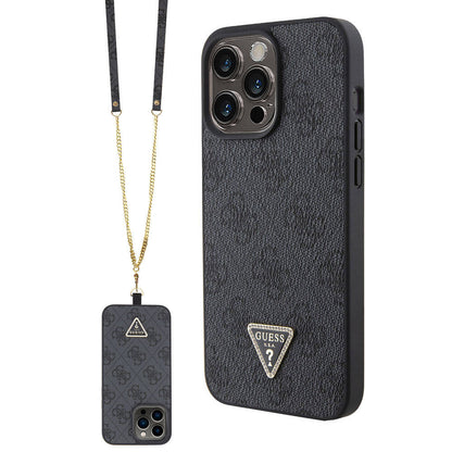iPhone 15 Pro Max Kılıf Guess Orjinal Lisanslı PU Deri Askılı Taşlı Üçgen Logo 4G Desenli Strass Crossbody Kapak