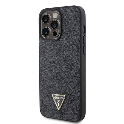 iPhone 15 Pro Max Kılıf Guess Orjinal Lisanslı PU Deri Askılı Taşlı Üçgen Logo 4G Desenli Strass Crossbody Kapak