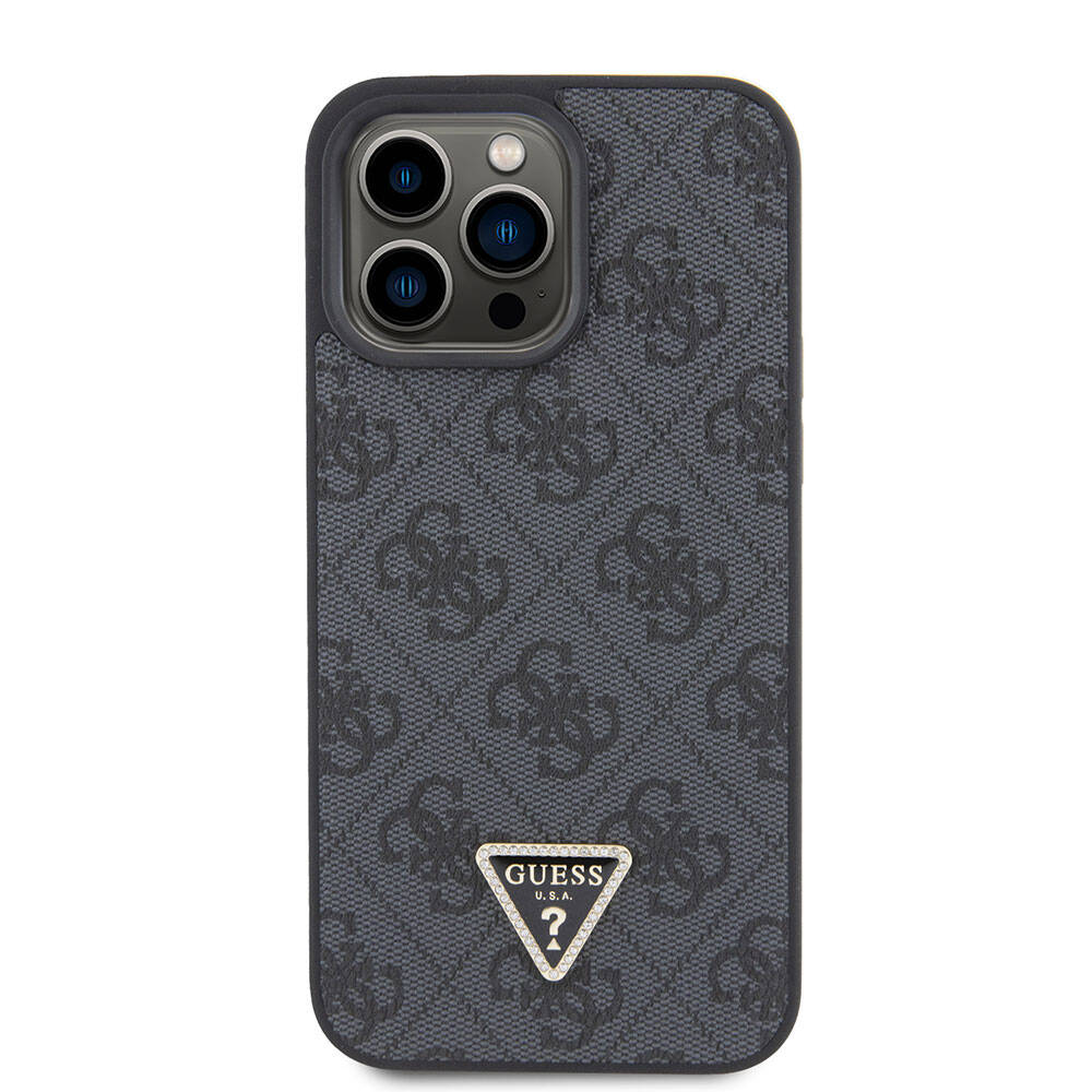 iPhone 15 Pro Max Kılıf Guess Orjinal Lisanslı PU Deri Askılı Taşlı Üçgen Logo 4G Desenli Strass Crossbody Kapak