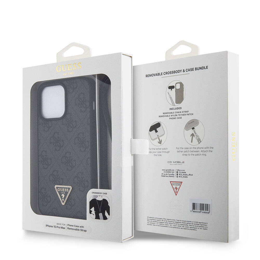 iPhone 15 Pro Max Kılıf Guess Orjinal Lisanslı PU Deri Askılı Taşlı Üçgen Logo 4G Desenli Strass Crossbody Kapak