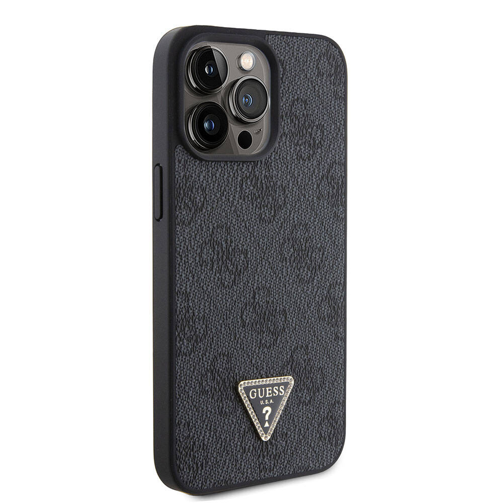 iPhone 15 Pro Max Kılıf Guess Orjinal Lisanslı PU Deri Askılı Taşlı Üçgen Logo 4G Desenli Strass Crossbody Kapak