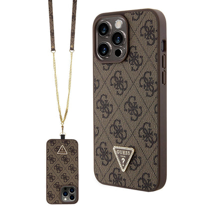iPhone 15 Pro Max Kılıf Guess Orjinal Lisanslı PU Deri Askılı Taşlı Üçgen Logo 4G Desenli Strass Crossbody Kapak