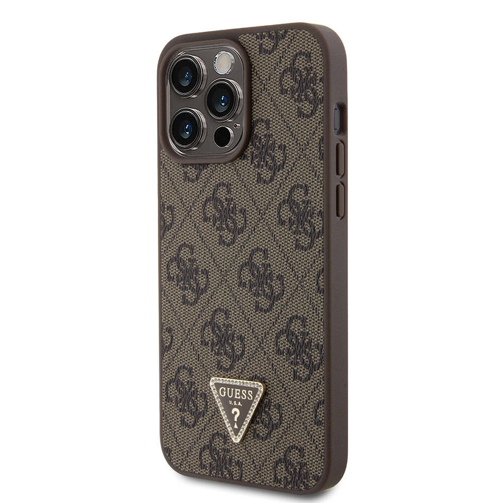 iPhone 15 Pro Max Kılıf Guess Orjinal Lisanslı PU Deri Askılı Taşlı Üçgen Logo 4G Desenli Strass Crossbody Kapak