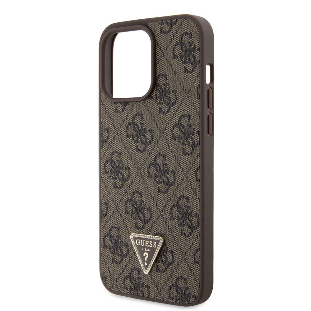 iPhone 15 Pro Max Kılıf Guess Orjinal Lisanslı PU Deri Askılı Taşlı Üçgen Logo 4G Desenli Strass Crossbody Kapak