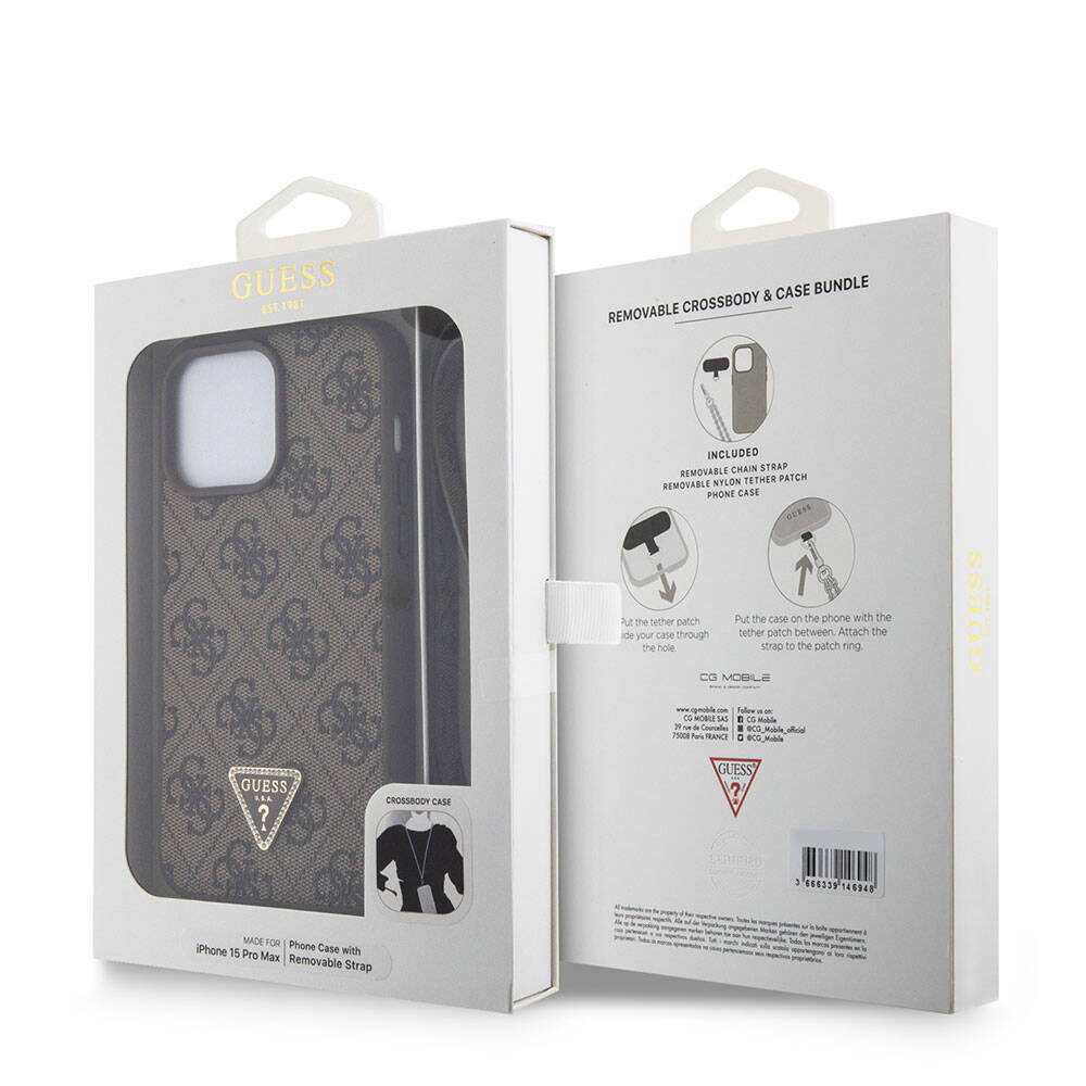 iPhone 15 Pro Max Kılıf Guess Orjinal Lisanslı PU Deri Askılı Taşlı Üçgen Logo 4G Desenli Strass Crossbody Kapak