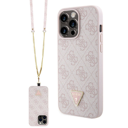iPhone 15 Pro Max Kılıf Guess Orjinal Lisanslı PU Deri Askılı Taşlı Üçgen Logo 4G Desenli Strass Crossbody Kapak