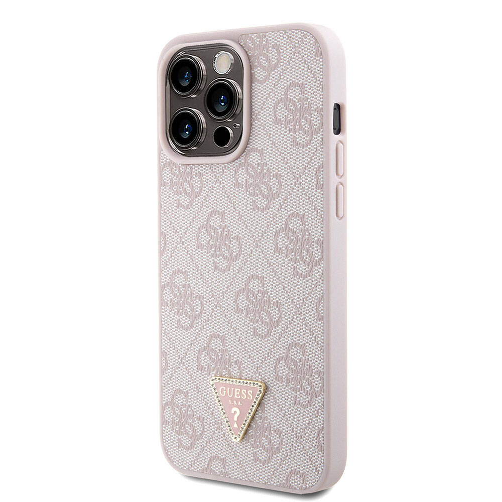 iPhone 15 Pro Max Kılıf Guess Orjinal Lisanslı PU Deri Askılı Taşlı Üçgen Logo 4G Desenli Strass Crossbody Kapak