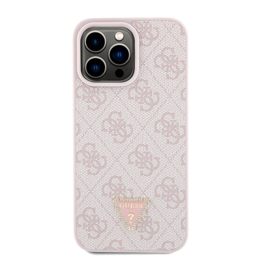 iPhone 15 Pro Max Kılıf Guess Orjinal Lisanslı PU Deri Askılı Taşlı Üçgen Logo 4G Desenli Strass Crossbody Kapak